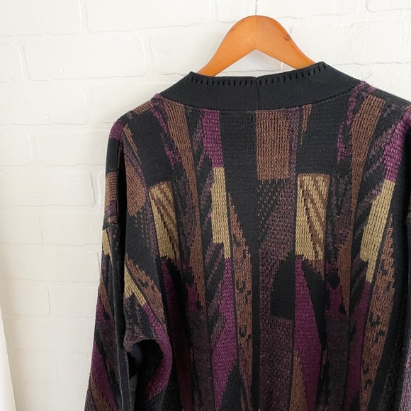 Vintage Knit Sweater Cardigan 3D knit Grandpa Dad energy Kurt Cobain Black Tan L - Picture 10 of 13